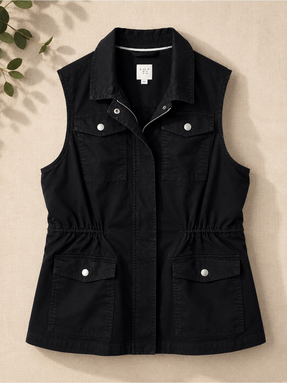 A New Day XXL Black Utility Vest Ruched Drawstring Waist Zip Snap Cotton